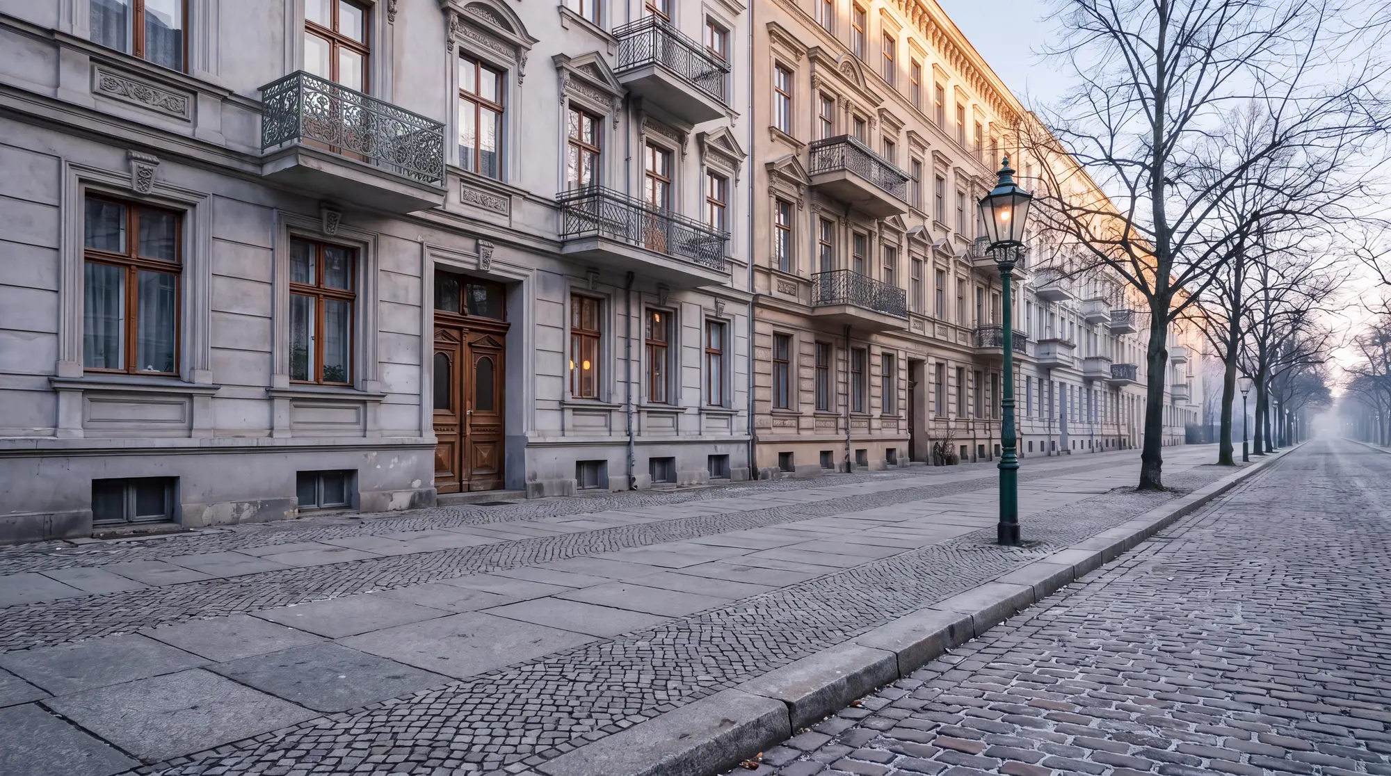 Stimmungsbild: eine ruhige Altbaustraße mit kahlen Bäumen und einer Gaslaterne an einem Wintermorgen
